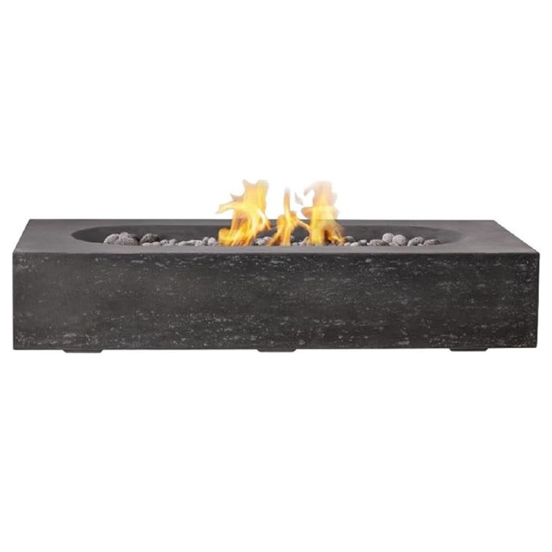 Modern rectangular outdoor fire pit with flames and decorative stones, ideal for enhancing patio ambiance and warmth.