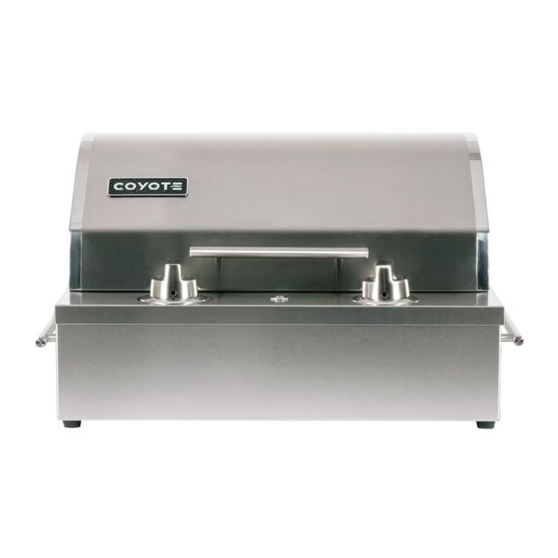 Coyote stainless steel gas grill with two burners, designed for outdoor cooking and grilling.