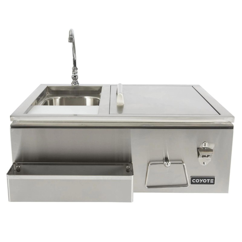 Stainless steel outdoor kitchen sink unit with faucet, side storage drawer, and sleek design, ideal for grilling and entertaining.