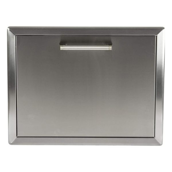 Stainless steel outdoor kitchen storage drawer with sleek handle for easy access. Ideal for organizing grilling tools and accessories.