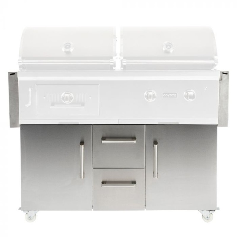 Stainless steel Coyote outdoor grill with dual lids and storage drawers, ideal for backyard barbecues and cooking.