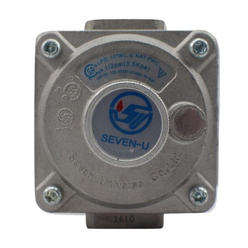 19d43a7e-2436-474b-aaf3-360262455558.jpg LPG gas regulator from Seven Universe Co. Ltd, designed for natural gas and LPG with a pressure rating of 1/2 psi (3.5 kPa).