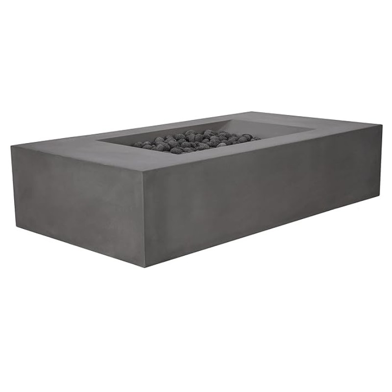 Modern rectangular concrete fire table with black lava rocks, ideal for outdoor gatherings and stylish patio decor.