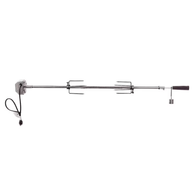 Stainless steel rotisserie spit with motor and handle for outdoor grilling.