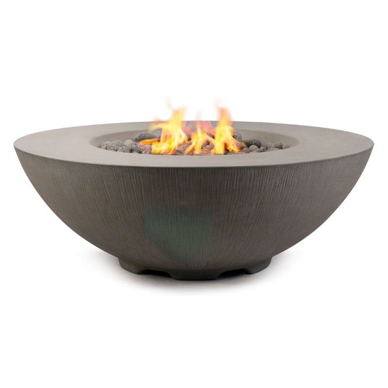 Modern concrete fire pit with flames and decorative stones, perfect for outdoor gatherings and ambiance.