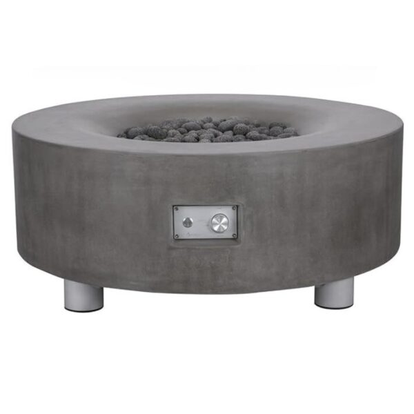 Modern round concrete fire pit with lava rocks and control panel, ideal for outdoor gatherings.