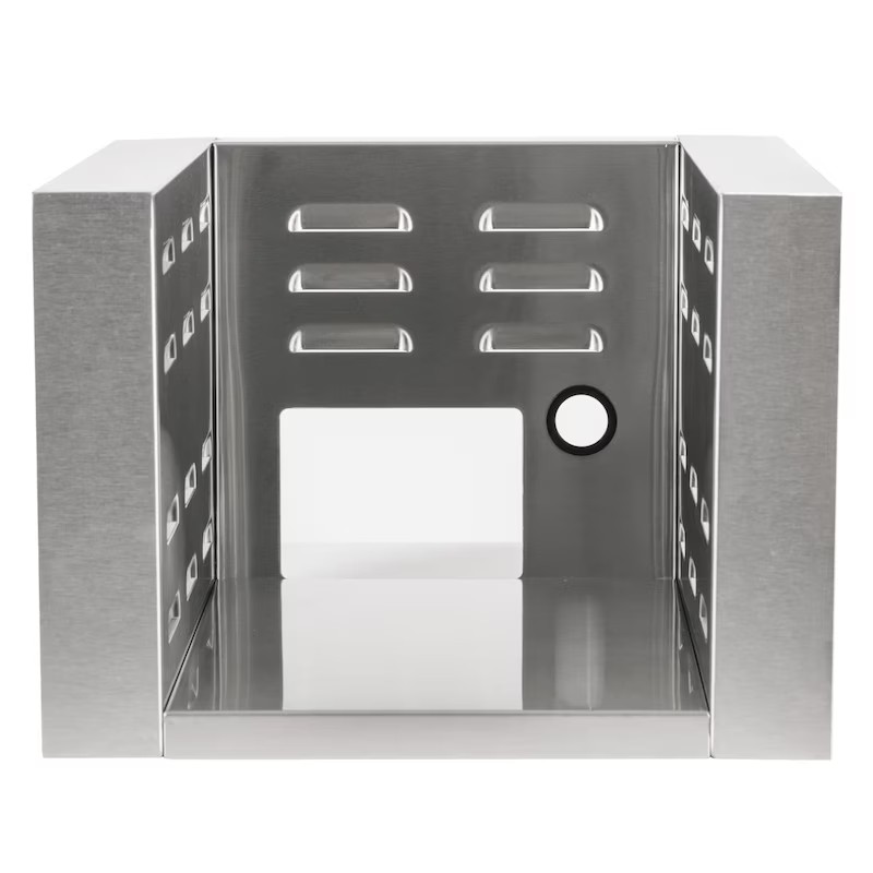 Stainless steel appliance garage with ventilation holes and a spacious interior for storage. Ideal for kitchen organization.