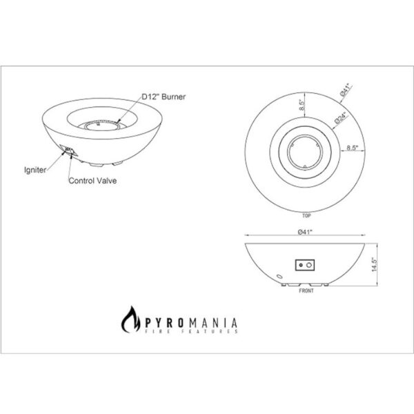 Diagram of a Pyromania fire feature, showcasing a D12" burner with labeled components including the igniter and control valve, along with detailed dimensions of the unit.