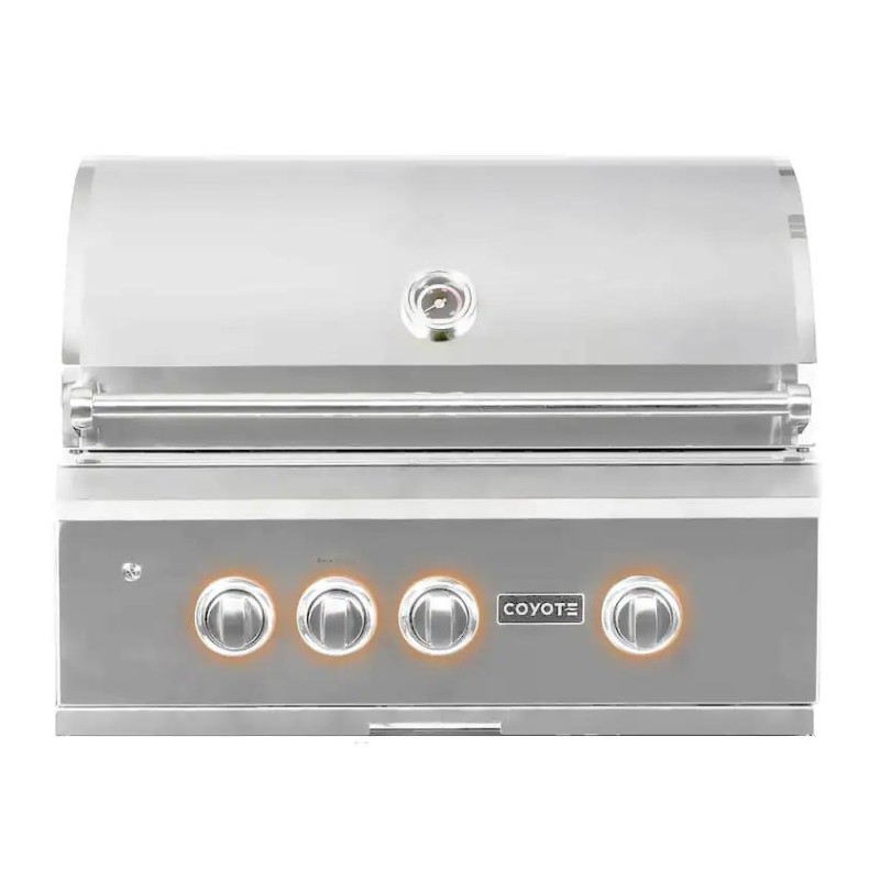 Stainless steel Coyote gas grill with a sleek design, featuring four control knobs and an illuminated control panel. Ideal for outdoor cooking and grilling enthusiasts.