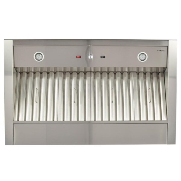 Stainless steel Coyote outdoor kitchen range hood with adjustable lighting and grease filters, designed for efficient ventilation and style in outdoor cooking spaces.