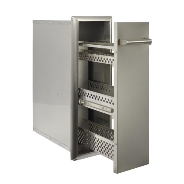 Stainless steel kitchen cabinet with an open door, featuring multiple adjustable shelves and a sleek design for efficient storage.