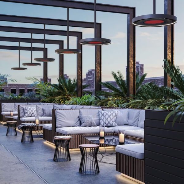 Stylish rooftop lounge featuring modern seating, ambient lighting, and lush greenery, ideal for relaxation and social gatherings.