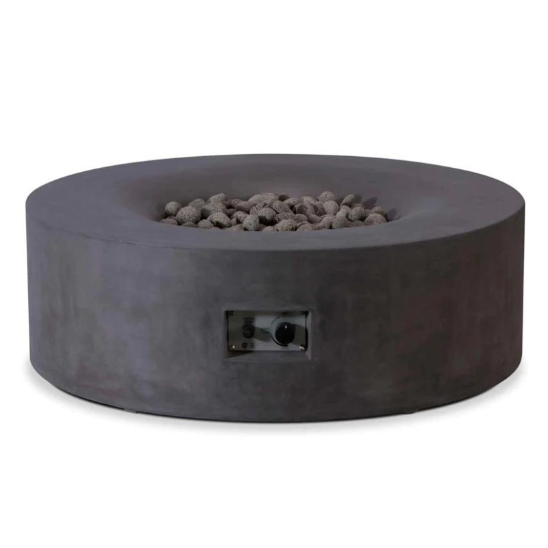Modern round outdoor fire pit with a sleek concrete design and lava rock fill, featuring an adjustable control panel.