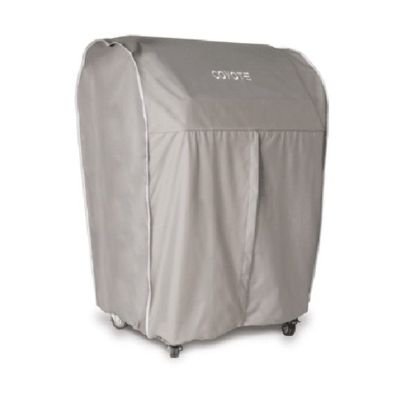Gray outdoor grill cover with wheels, designed for protection against weather elements, featuring a front zipper for easy access.
