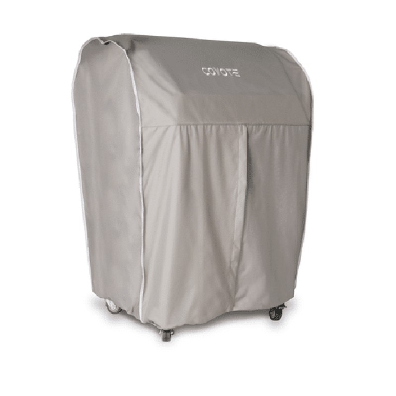 Gray outdoor grill cover with wheels, designed for protection against weather elements, featuring a front zipper for easy access.