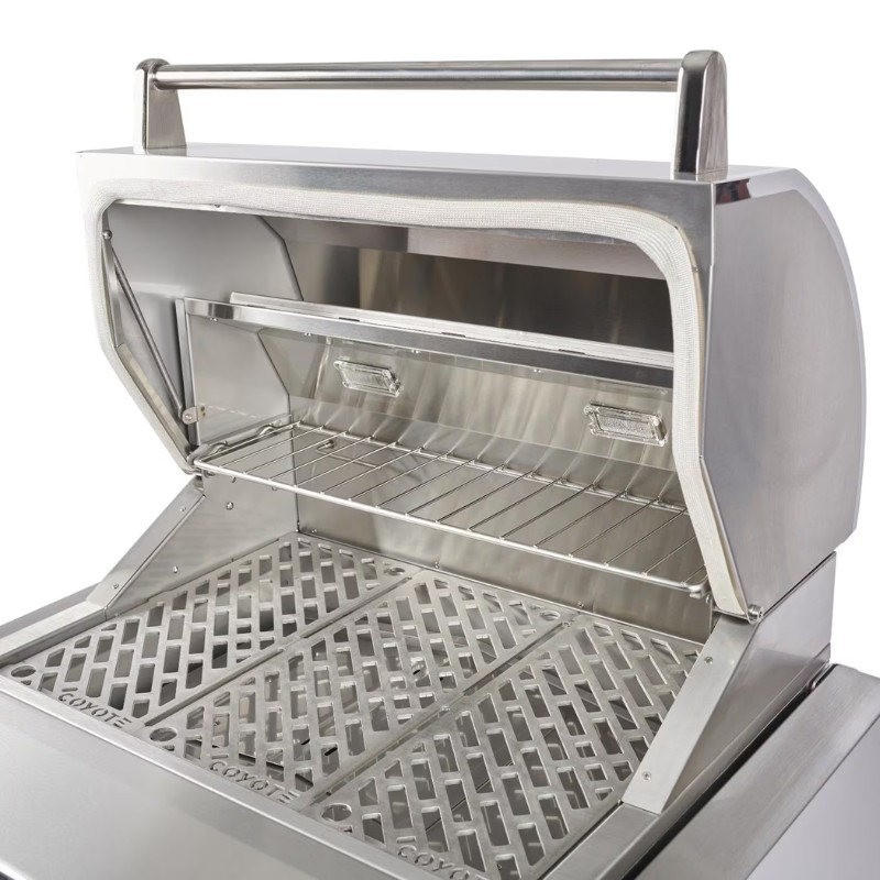 Stainless steel grill with an open lid, showcasing a spacious cooking area and grates, ideal for outdoor barbecues and grilling.