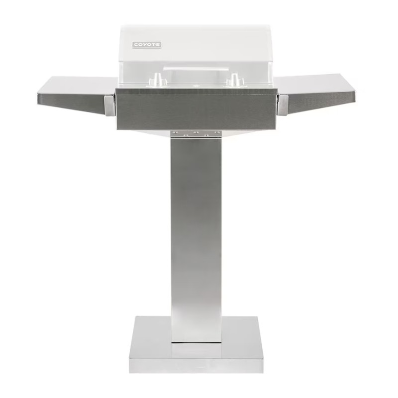35ba33a0-10fb-404b-bd10-84943a870c9e.jpg Coyote stainless steel outdoor grill with foldable side shelves on a sturdy pedestal base. Ideal for backyard barbecues and outdoor cooking.