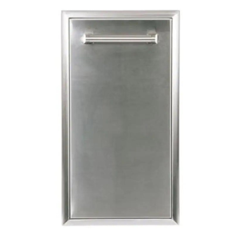 Stainless steel outdoor kitchen cabinet door with a sleek handle, designed for durability and modern aesthetics. Perfect for enhancing outdoor cooking spaces.