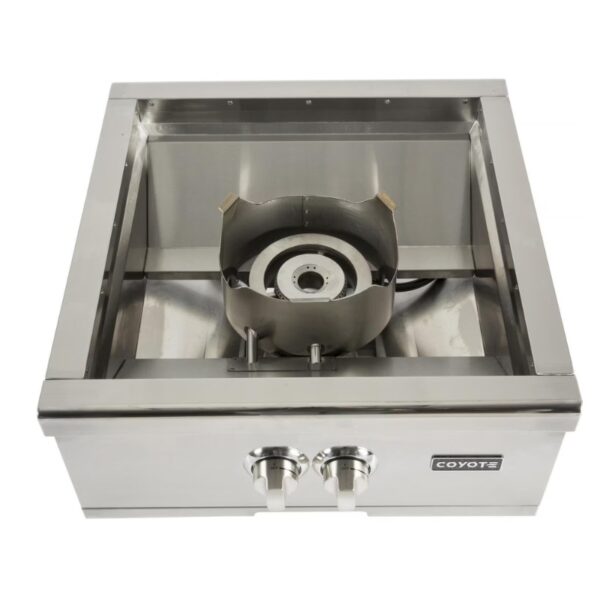 Coyote stainless steel outdoor gas burner with dual control knobs, designed for grilling and cooking.
