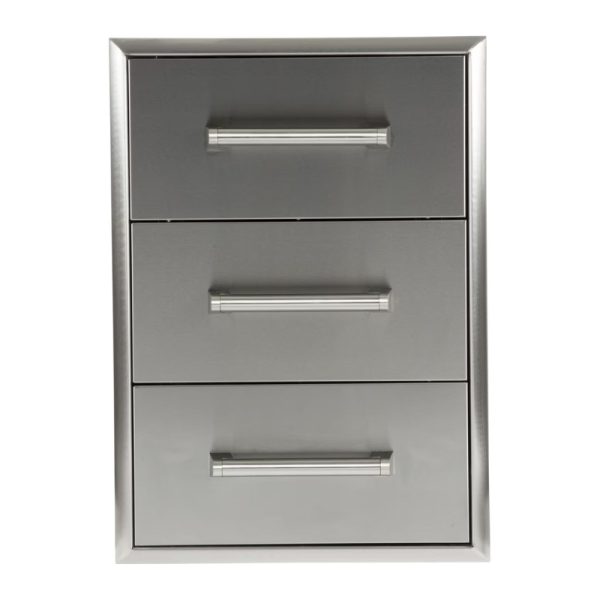 Three-drawer metal storage cabinet with sleek silver finish and modern handles. Ideal for organizing office or home supplies.