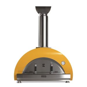 Coyote outdoor pizza oven in vibrant yellow with stainless steel chimney and gauge, designed for high-temperature cooking and perfect for backyard gatherings.