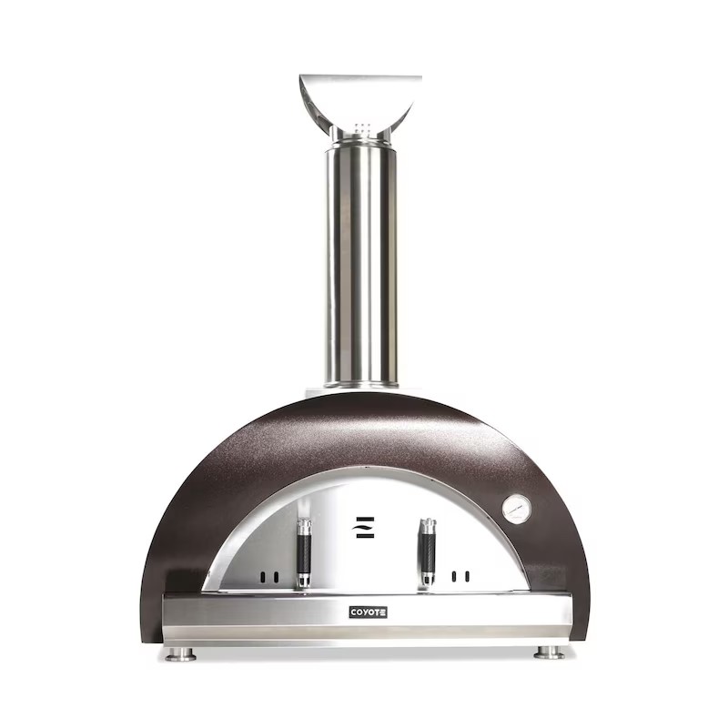 Coyote outdoor pizza oven with a stainless steel chimney and sleek dark finish, designed for high-performance cooking.