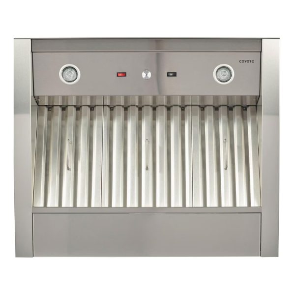 Coyote stainless steel range hood with multiple baffle filters and control panel, designed for efficient kitchen ventilation.
