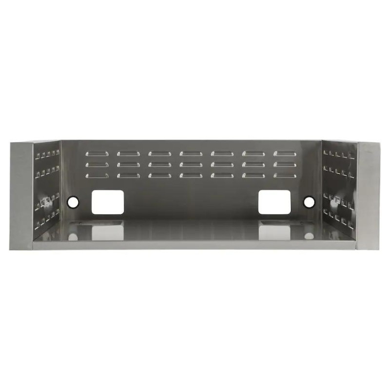 Stainless steel shelf with ventilation holes, designed for storage and organization in kitchens or garages.