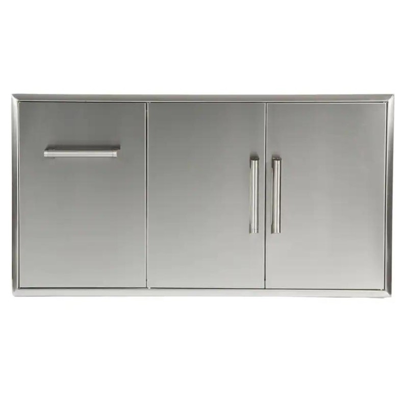 Stainless steel cabinet with three storage compartments and sleek handles, ideal for modern kitchens or utility spaces.