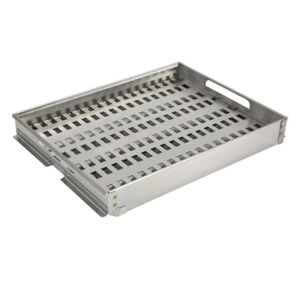 Stainless steel perforated baking tray with handles, ideal for grilling and roasting. Durable design for even heat distribution and easy food release.