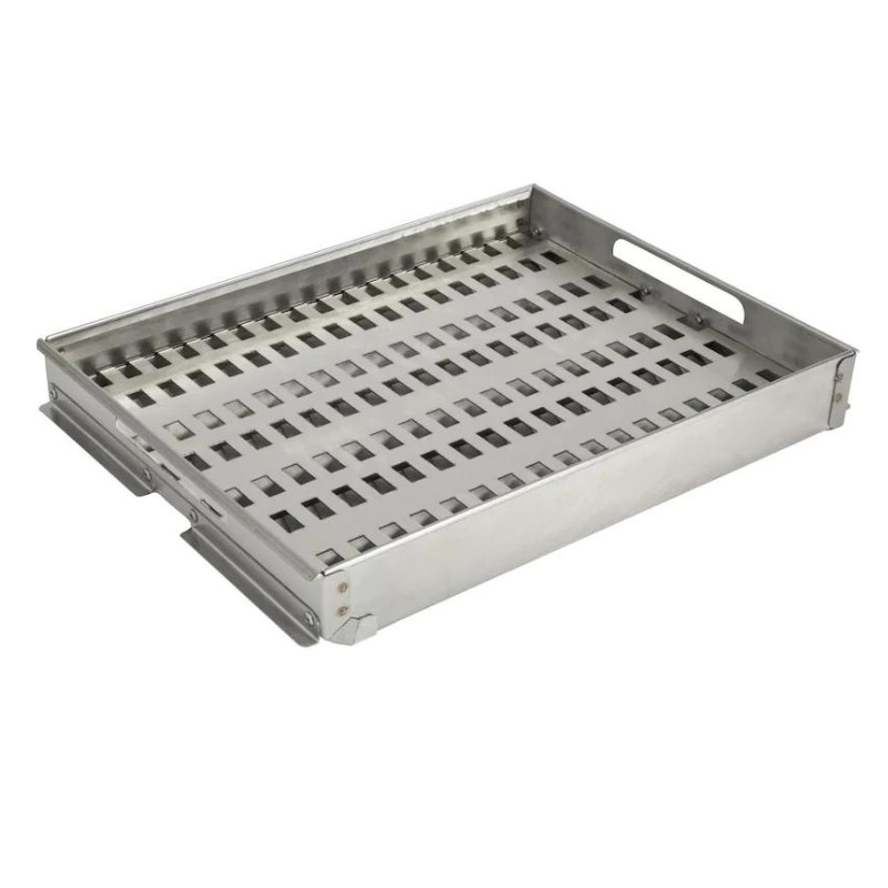 Stainless steel perforated baking tray with handles, ideal for grilling and roasting. Durable design for even heat distribution and easy food release.