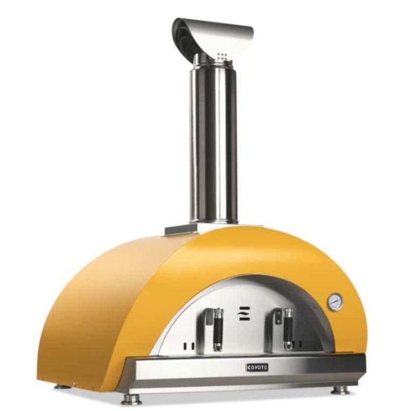 Coyote outdoor pizza oven with a vibrant yellow exterior and stainless steel chimney, designed for high-temperature cooking and perfect for home chefs.