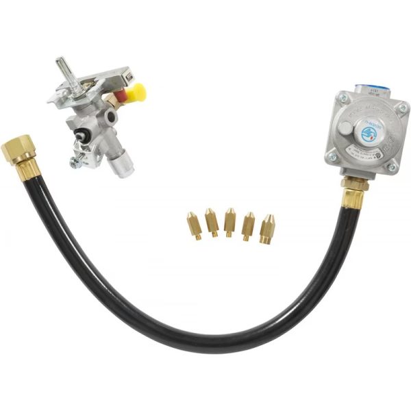 Gas regulator kit with hose and multiple nozzle attachments for outdoor cooking or heating applications.