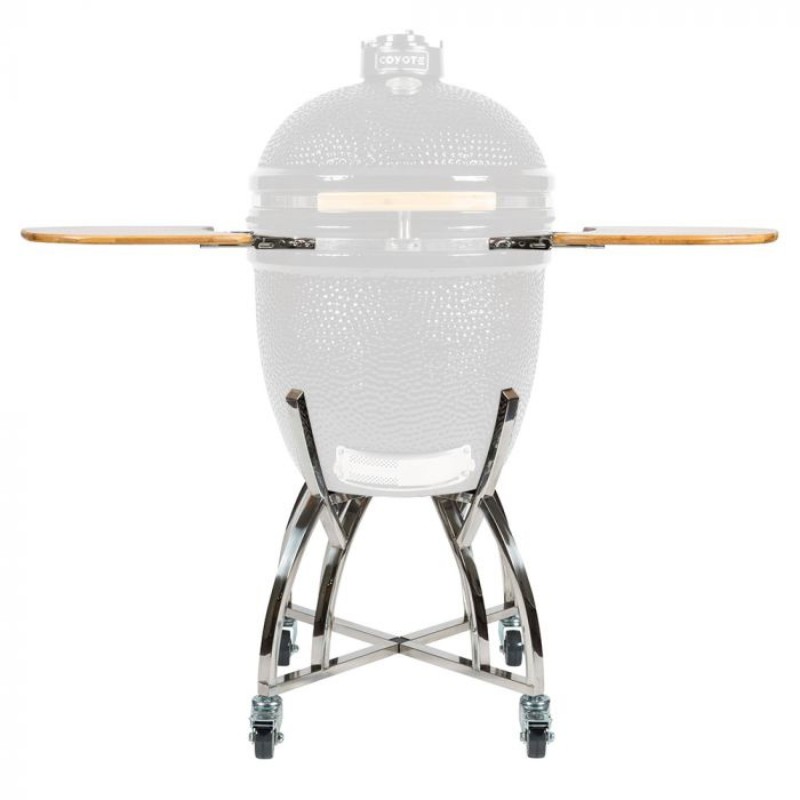 509c0a5e-b9da-439e-8f3e-9c825d912fbe.jpg Coyote ceramic charcoal grill with stainless steel cart and wooden side shelves, designed for outdoor cooking and grilling.