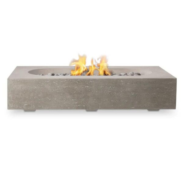 Modern concrete fire pit with flames and decorative stones, perfect for outdoor gatherings and ambiance.