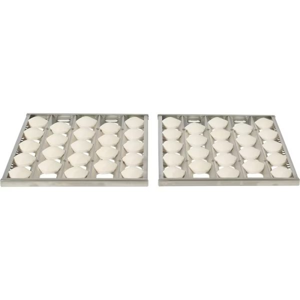 Two stainless steel trays with multiple white ceramic bowls arranged in a grid pattern, ideal for serving appetizers or desserts.