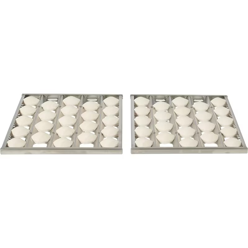 Two stainless steel trays with multiple white ceramic bowls arranged in a grid pattern, ideal for serving appetizers or desserts.