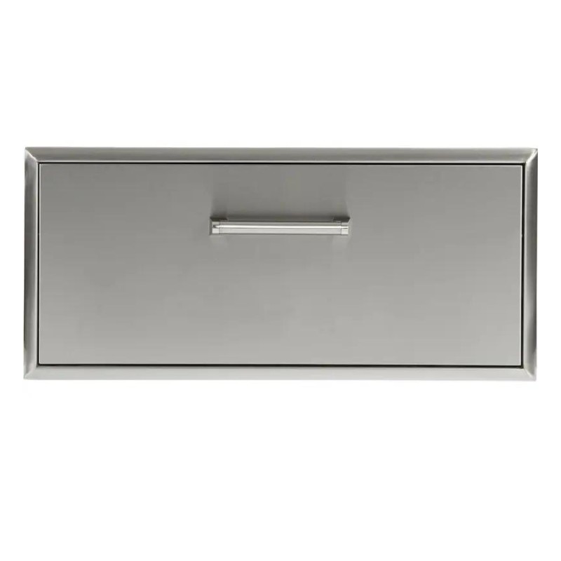 Stainless steel outdoor kitchen drawer with sleek handle, ideal for storage and organization.