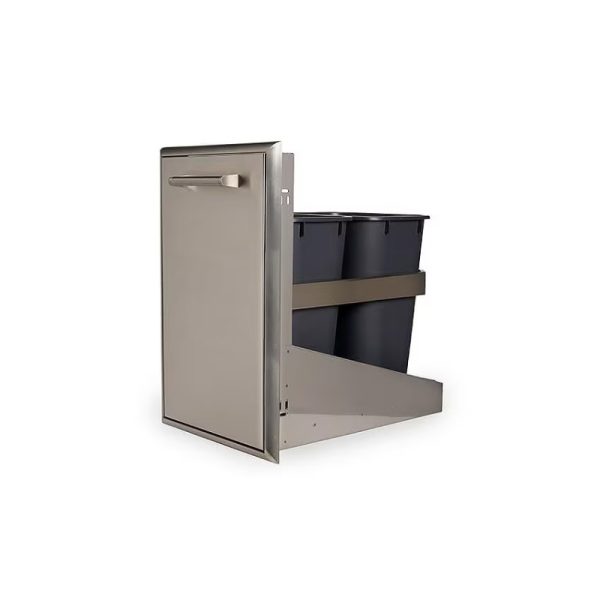 Stainless steel pull-out trash bin with three black containers for organized waste disposal in kitchens or utility spaces.