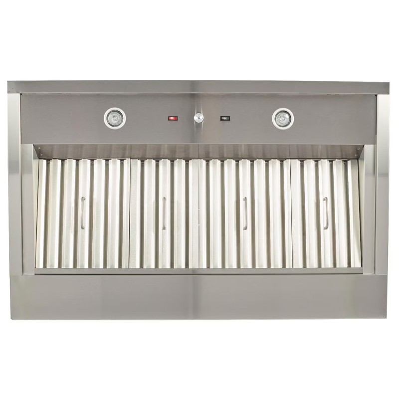 Stainless steel commercial kitchen hood with grease filters and control panel for ventilation.