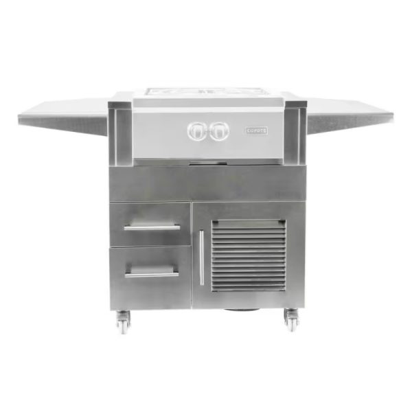 Coyote outdoor kitchen grill with stainless steel finish, two burners, and storage drawers. Ideal for backyard barbecues and outdoor cooking.