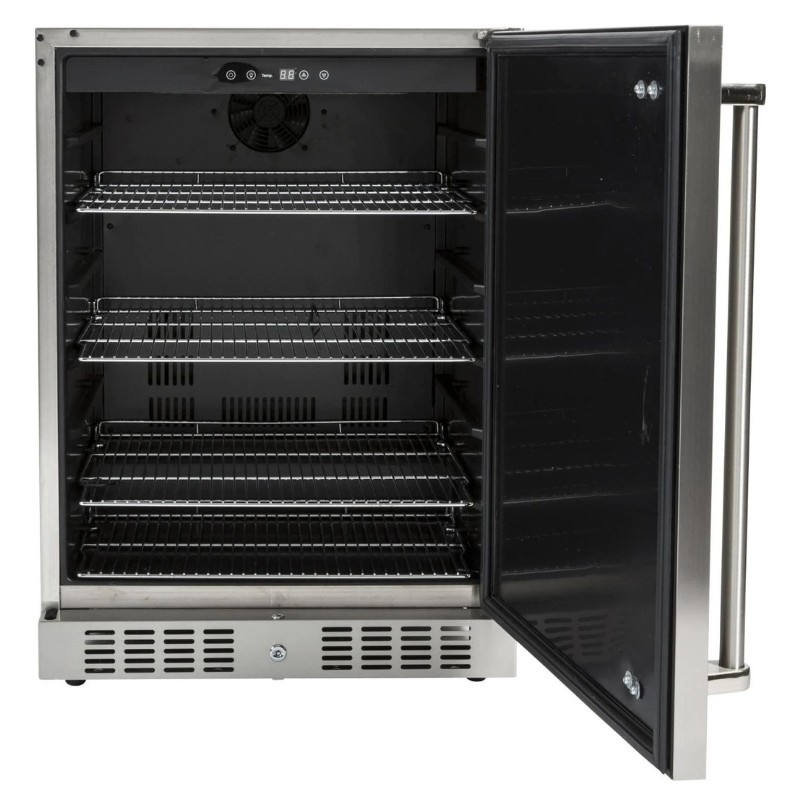 Open beverage cooler with stainless steel trim, featuring adjustable wire shelves and digital temperature controls for optimal cooling.