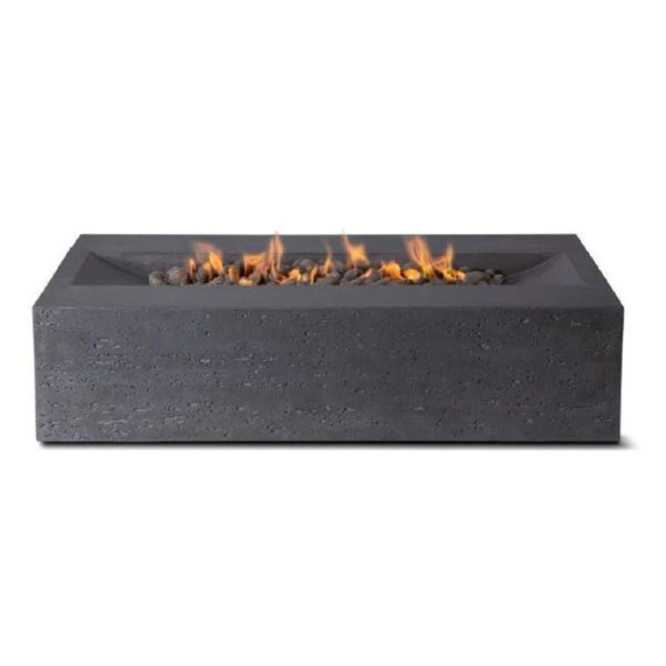 Modern rectangular outdoor fire pit with flame and decorative stones, featuring a sleek dark concrete design.