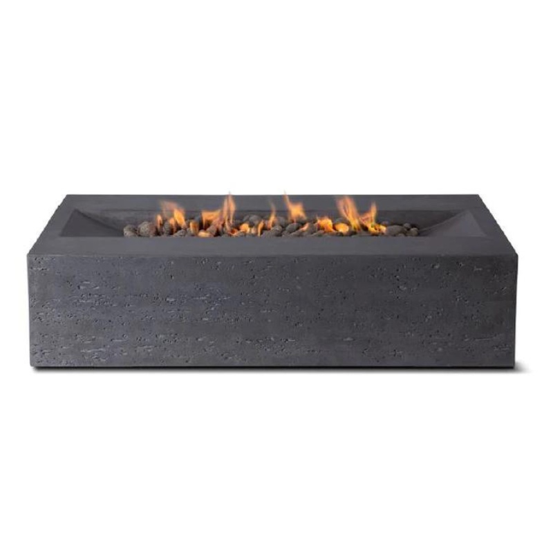 Modern rectangular outdoor fire pit with flame and decorative stones, featuring a sleek dark concrete design.