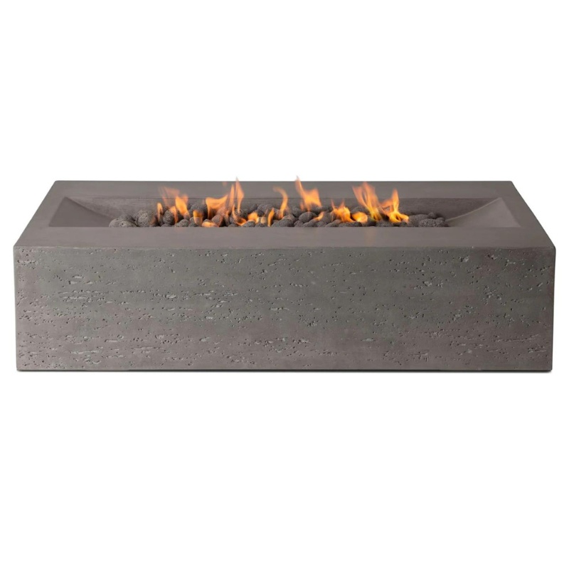 Modern rectangular concrete fire pit with flames and decorative stones, ideal for outdoor gatherings and ambiance.