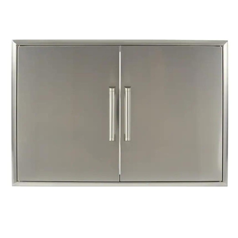 Stainless steel outdoor kitchen cabinet with double doors and sleek handles. Ideal for storage and organization in outdoor cooking spaces.
