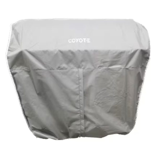 Coyote grill cover in gray, designed for protection against weather elements and dust, ensuring durability and longevity for outdoor grilling equipment.