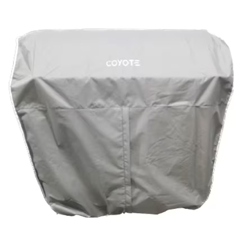 Coyote grill cover in gray, designed for protection against weather elements and dust, ensuring durability and longevity for outdoor grilling equipment.