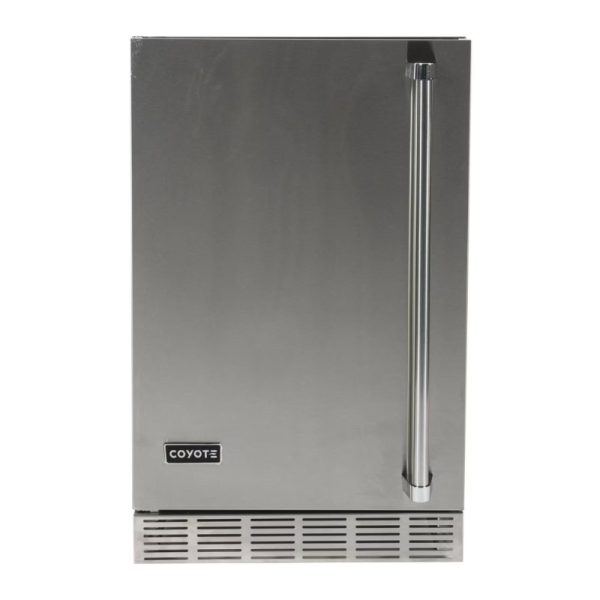 Stainless steel outdoor refrigerator with a sleek design and a vertical handle, ideal for patio or backyard use.