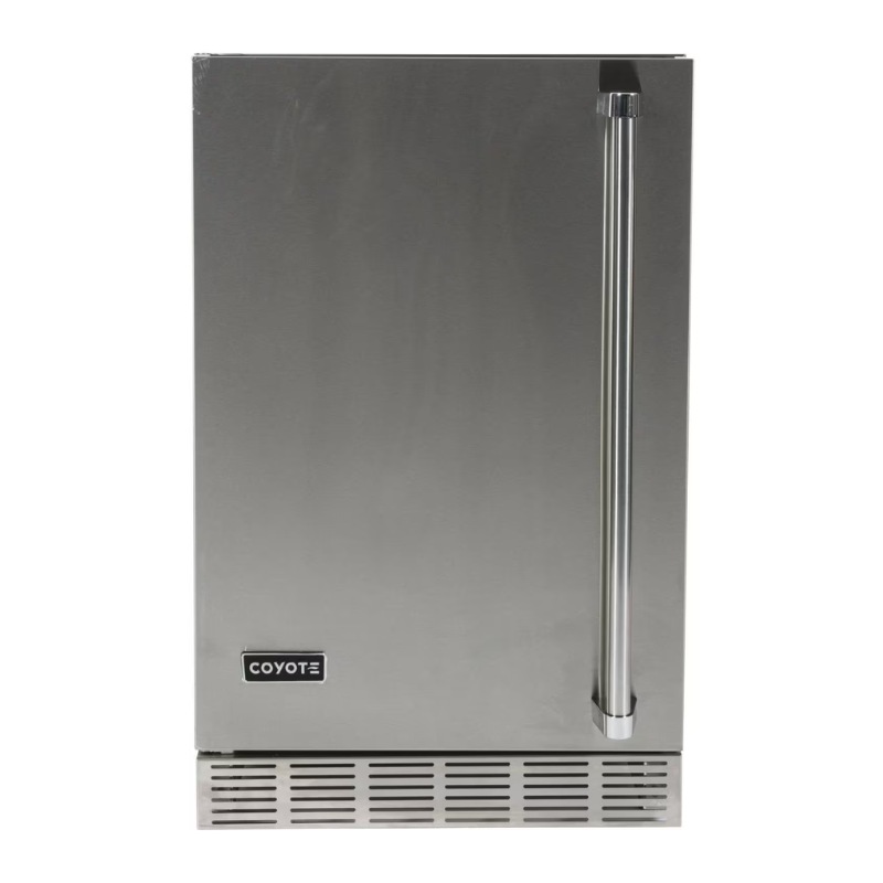 Stainless steel outdoor refrigerator with a sleek design and a vertical handle, ideal for patio or backyard use.